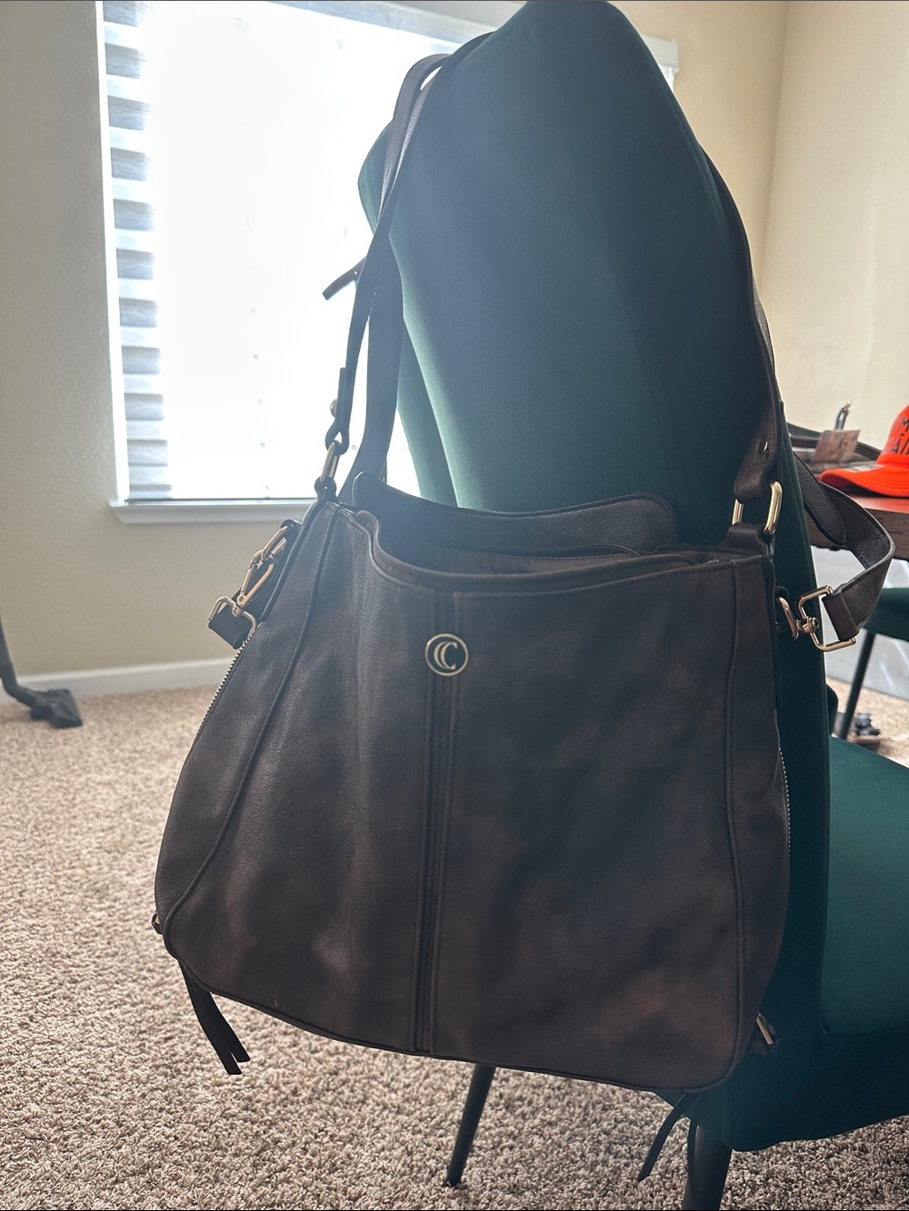 Coffee Leather Shoulder Bag with Circle Logo